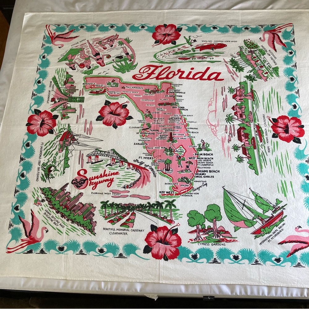 Vintage Florida Tablecloth 52 1/2” W X 46 1/4” L